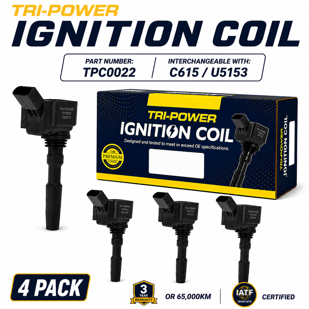 Tri-Power Ignition Coil Kit [Suit Audi A1, A3, A4, Q2, Q3, Skoda Fabia, Kodiaq, Octavia, Rapid, Yeti, VW Caddy, Golf, Polo, T-Cross, Tiguan, Up!]  (4 Pack, TPC0022)