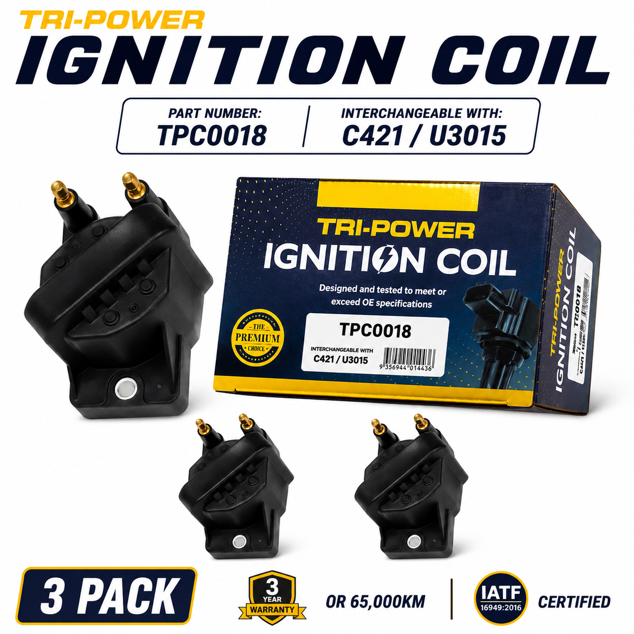 Tri-Power Ignition Coil Kit [Suit Holden Commodore VN2, VP, VR, VS, VT, VX, VY V6 ] (3 Pack, TPC0018)