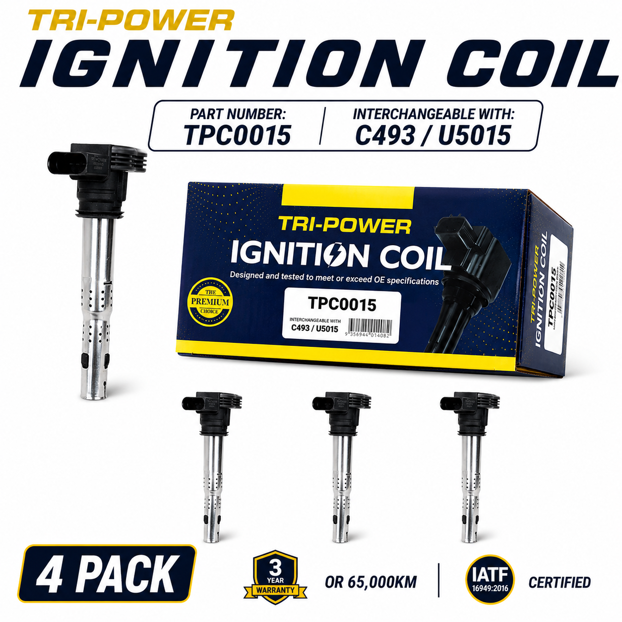 Tri-Power Ignition Coil Kit [Suit Audi, A3, A4, A5, A6, Q3, Q7, TT, Skoda Octavia, Superb, VW Amarok, Eos, Golf, Jetta, Passat] (4 Pack, TPC0015)