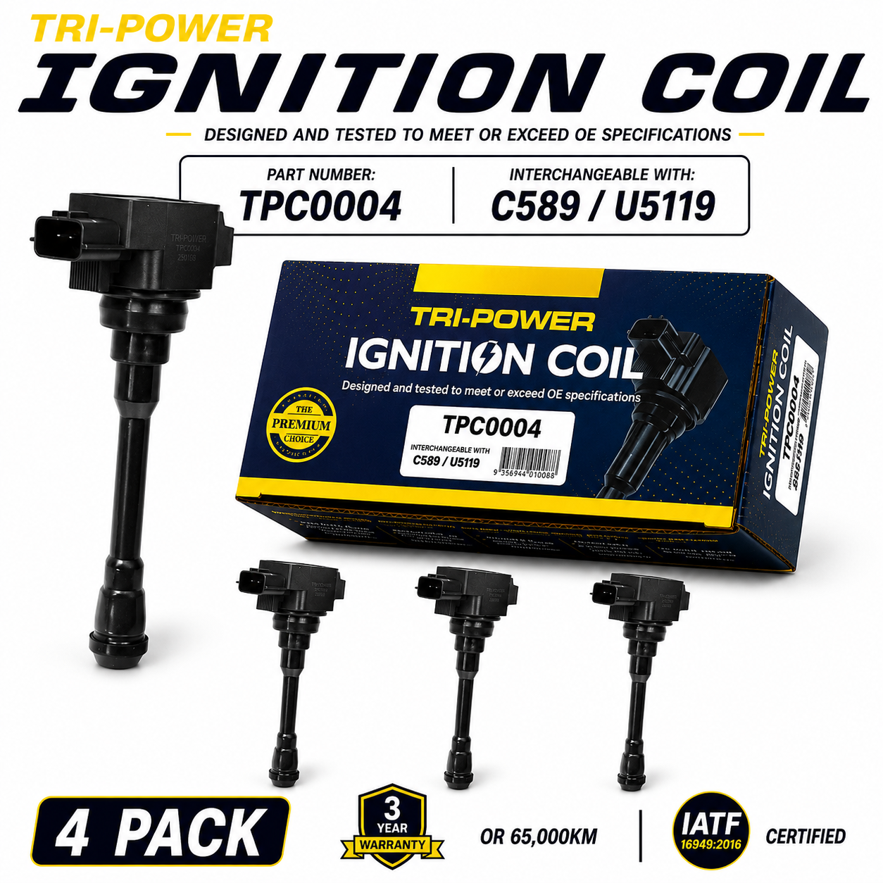 Tri-Power Ignition Coil Kit [Suit Nissan Altima, Cube, Dualis, Elgrand, Juke, Navara, Pulsar, X-Trail, Renault Koleos] (4 Pack, TPC0004)