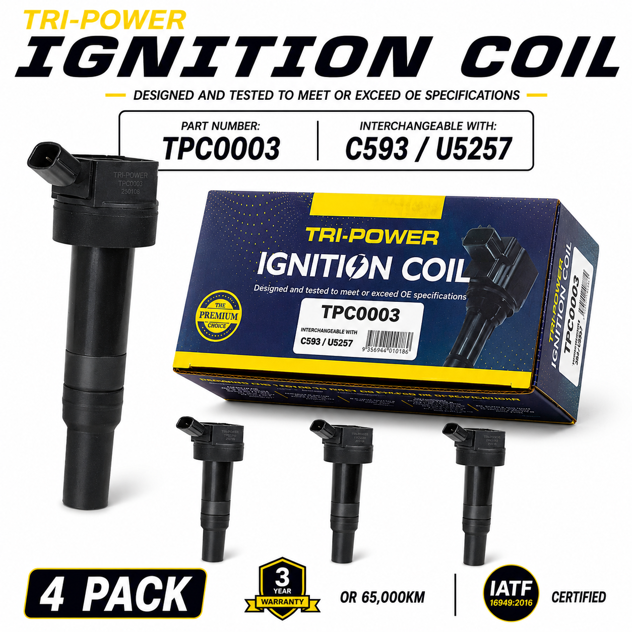 Tri-Power Ignition Coil Kit [Suit Hyundai Elantra, i30, i40, iX35, Tucson, Kia Cerato, Rondo, Sportage]] (4 Pack, TPC0003)