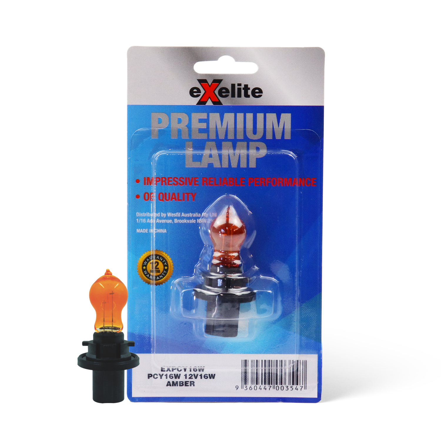 Premium Incandescent Globe - 12V 16W PCY16W (Amber)