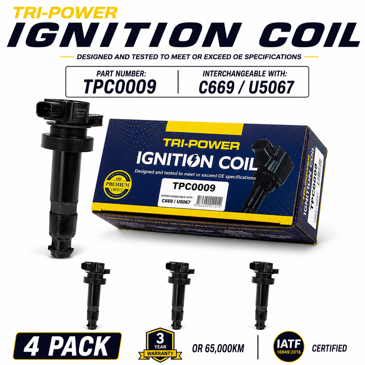 Tri-Power Ignition Coil Kit [Suit Hyundai Accent, i20, i30, Venue, Kia Rio, Soul] (4 Pack, TPC0009)